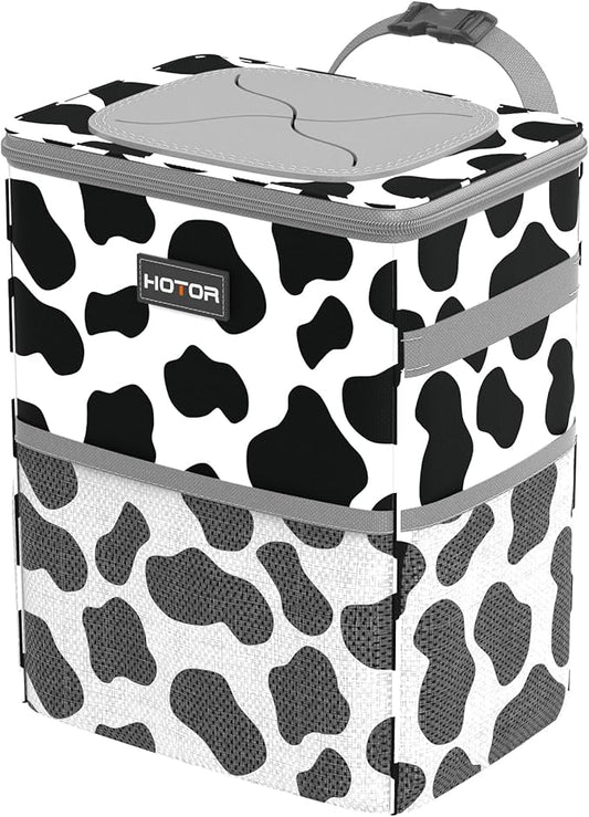HOTOR Car Trash Can with Lid and Storage Pockets - 100% Leak-Proof Organizer, Waterproof Garbage Can, Multipurpose Trash Bin for Car, 2 Gallons, Cow by HOTOR