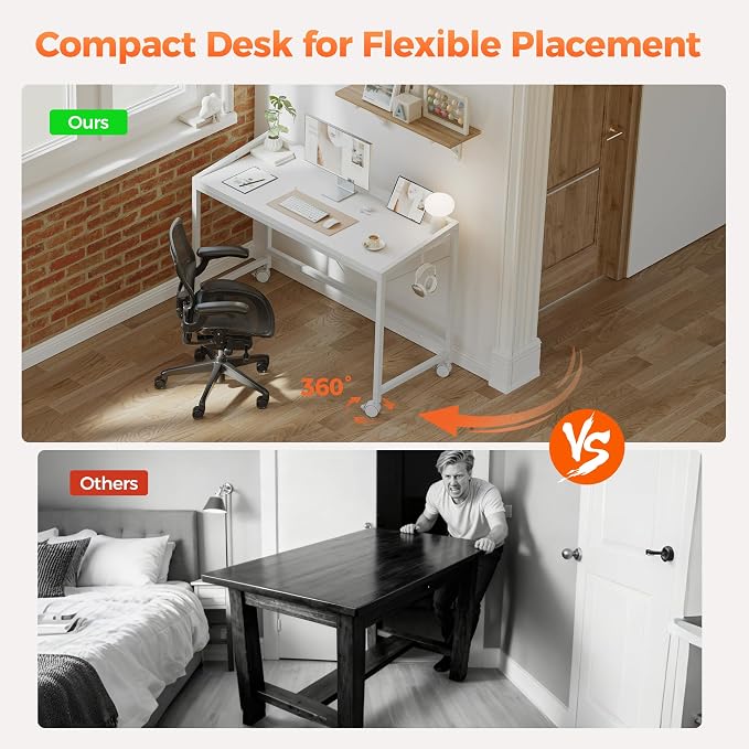 Mericonia 32x20 Inch Small Computer Desk with Wheels & Rear Lip | Simple Rolling Desk, Writing Table for Home Office Bedroom Work Study, White - Image 7