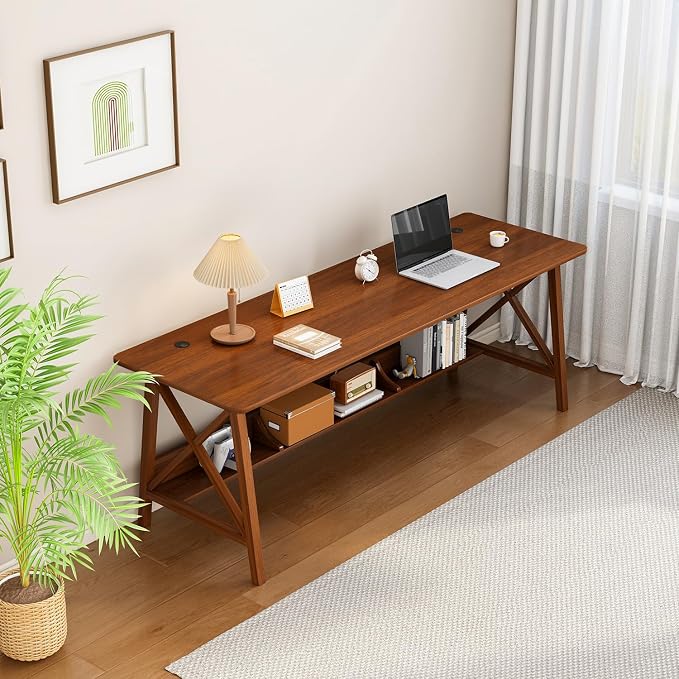 NELYE Extra Long Writing Desk with Bookshelf, 71" Wx24 Dx30 H, Walnut | Wooden Home Office Work Study Table, Computer Gaming Workstation with Storage Shelf, Sturdy MDF Resists Wobble - Image 7