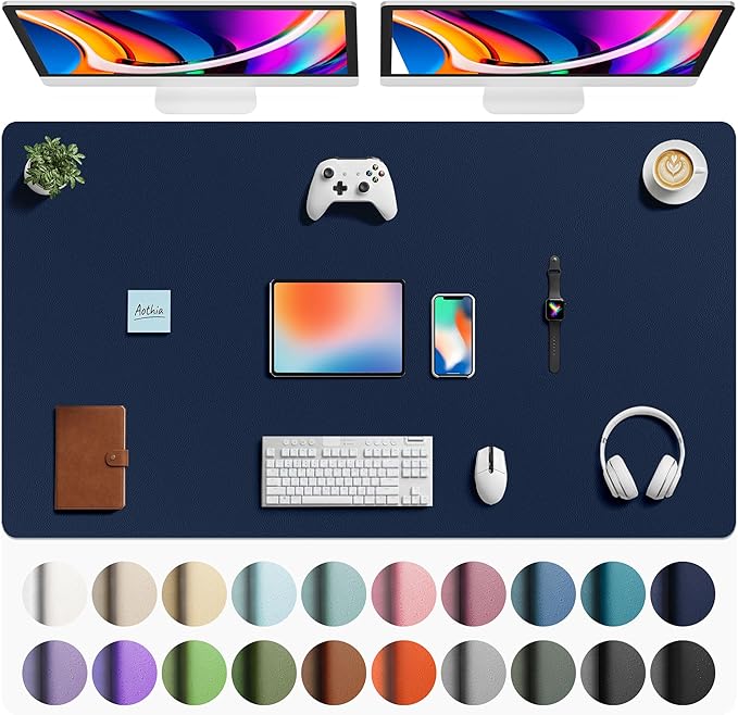 Aothia Faux Leather Desk Mat - Large Mouse Pad, Non-Slip PU Leather Blotter, Waterproof Writing Surface for Office and Home (Dark Blue, 63" x 24") by AothiaSimpleNaturalUnique