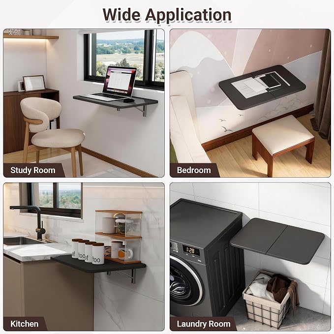 Neoaider Wall Mounted Folding Desk 23.6” x 15.7”, Black | Drop Down Table with Metal Collapsible Brackets, Folding Wall Table for Small Spaces, Home, Office, Kitchen, Laundry Room - Image 7