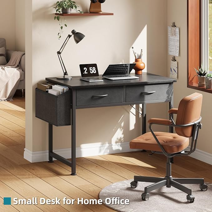 CAIYUN Computer Office Desk for Small Space with Fabric Drawers, Home Office Desk for Bedroom with Side Pocket and Hook, 31 Inch Kid’s Desk, Writing Desk, Study Table and Work Desk, Black - Image 2