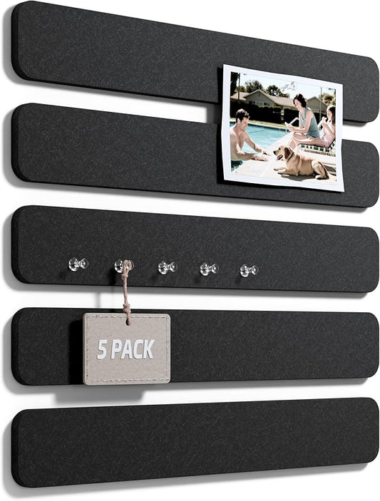 Fluxynara 13" x 2" Felt Wall Panels, Black | 5-Pack Cork Board Alternative with 35 Push Pins, Adhesive Mounting for Bedroom Door or Home Office by FLUXYNARA