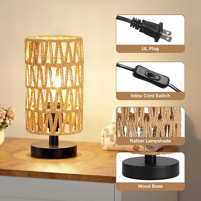 Fenmzee Table Lamps (Rattan Rope Shade - Black Base, 9" Inline Control) | 3000K LED Blub Included | 680 Lumens | Easy Assembly | Minimalist Design | E26 | for Kitchen | for Kids Room - Image 2