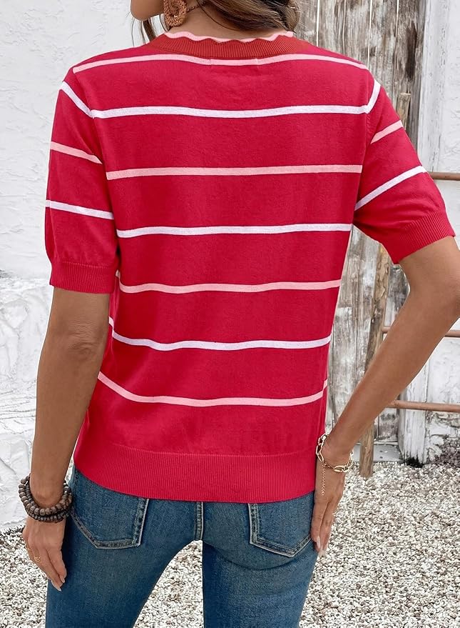 Dokotoo Womens Summer Short Sleeve Knit Tops 2026 Spring Trendy Casual V Neck Striped Sweater Blouses - Image 3
