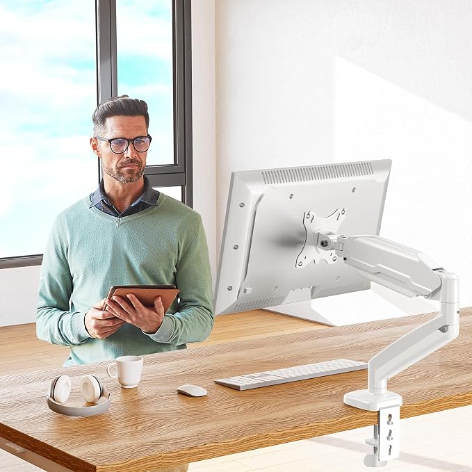 MOUNT PRO Single Monitor Desk Mount - Articulating Gas Spring Arm, Removable VESA Mount for Computer Monitor Stand with Clamp and Grommet Base Fits 13 to 32 Inch Screen, VESA 75x75, 100x100, White - Image 8