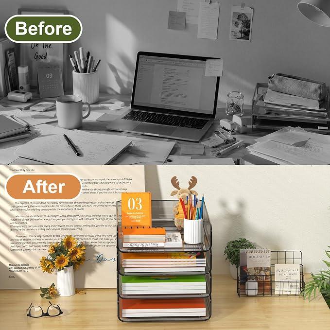 FANXIYQ 4-Tier Acrylic Paper Tray Organizer, Brown Office Paper Organizer | Stackable, Tool-Free Design with 2-4 Tiers for A4 Paper, Files, Books and Mail; Ideal for School, Home Office and Study Room - Image 7