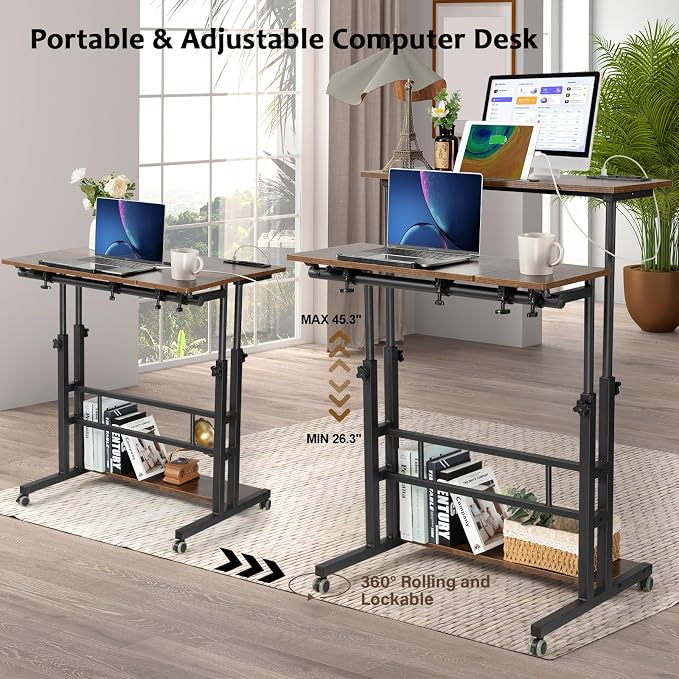 Hadulcet Mobile Standing Desk Adjustable Height, Rolling Desk Stand Up Desk, Mobile Laptop Desk, Rolling Computer Desk with Charging Station, Portable Desk with Wheels, Rustic Brown - Image 3