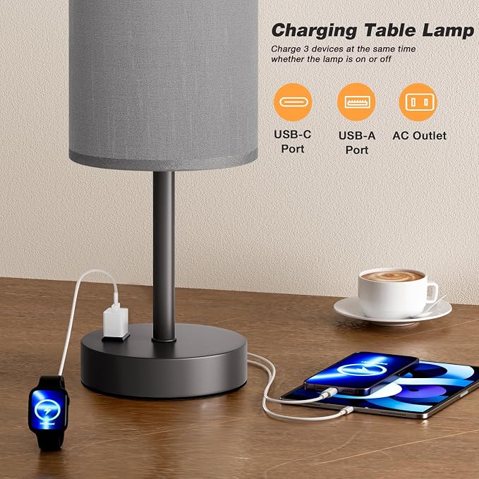 Fenmzee Grey Nightstand Bedroom Lamp - 3 Way Dimmable Bedside Lamp USB C A Charging Ports and AC Outlet, Small Table Lamp Linen Lampshade for Office Desk - Image 3