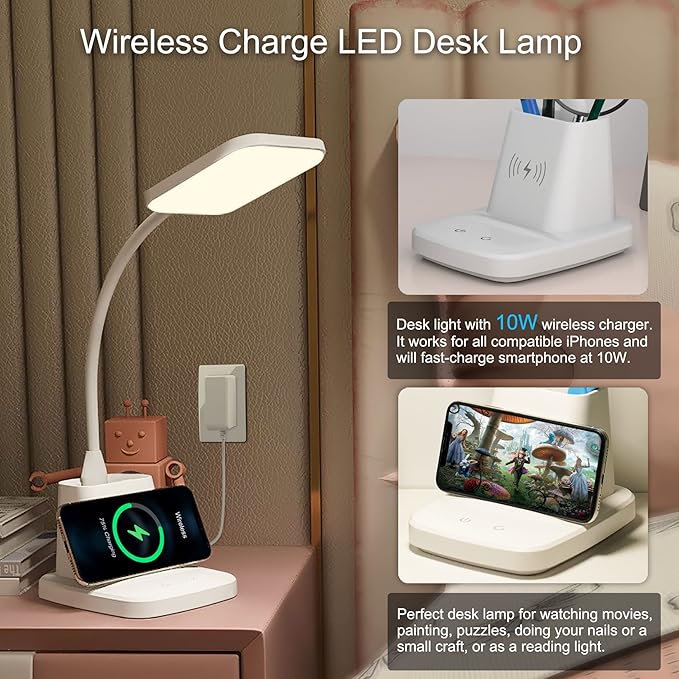 LED Desk Lamp with 10W Wireless Charging & Pen Holder, Snow White | CRI 95, 800LM, Stepless Dimming, 3 Modes, 360°Flexible Arm, Touch, Study Table Lamp for Home Office, Dorm Room, with Adapter - Image 2