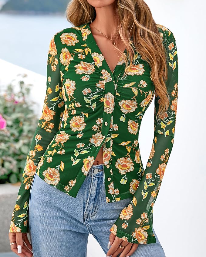 BTFBM Button Down Shirts for Women 2026 Fall Boho Tops V Neck Long Sleeve Blouses Ruched Mesh Fitted Fashion Clothing - Image 2