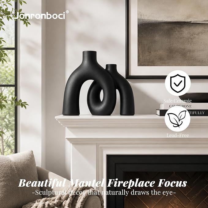 Matte Black Vase Set - Hug Hollow Donut Aesthetic Ceramic Vases Home Decor, Modern Nordic Minimalist Decorative Vase for Table Centerpiece Bookshelf Office Entryway Console Fireplace (Black) - Image 6