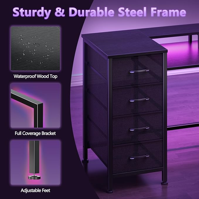 Korfile 61 Inch Gaming Computer Desk with Power Outlets,LED,5 Drawers,Black | For gaming and working,built-in power outlets and LED lights,5 fabric storage drawers, ffits 61-inch, monitor stand,black - Image 6