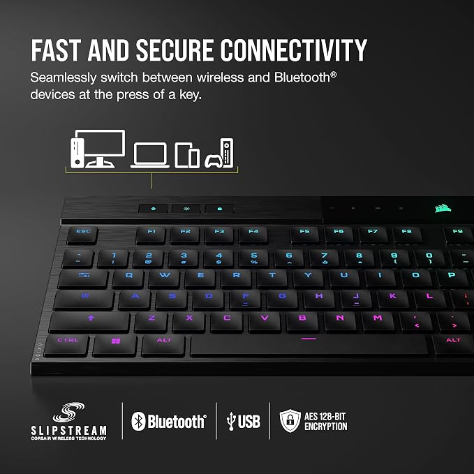 Corsair K100 AIR Wireless RGB Mechanical Gaming Keyboard - Ultra-Thin, Sub-1ms Slipstream, Low-Latency Bluetooth, Cherry MX Ultra Low Profile Keyswitches - NA Layout, QWERTY - Black - Image 3