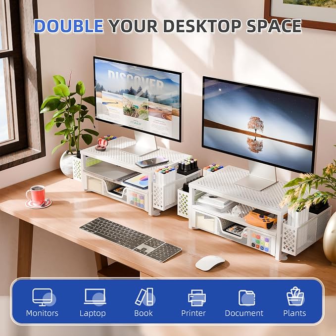 Simple Trending 2 Tier Metal Monitor Stand Monitor riser and Computer Desk Organizer with Drawer and Pen Holder for Laptop, Computer, iMac, White - Image 5