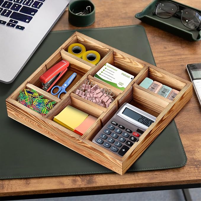 Wooden Desk Drawer Organizer | 9-Slot Desktop Tray | Adjustable Drawer Storage Box for Pens, Keys, Watch, Sticky Notes | Farmhouse Home&Office Decor - Image 2