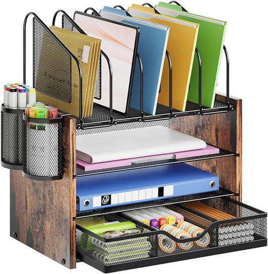 Marbrasse Desk organizer with Drawer, 4-Tier Wooden File Organizer with 5 Vertical File Holders and 2 Pen Holders, Desk Organizers and Accessories for Home Office - Dark Brown by Marbrasse