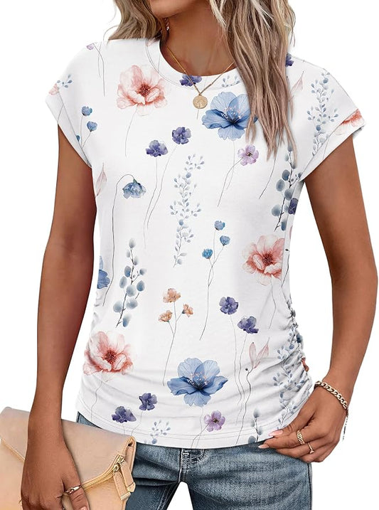 Sampeel Womens Summer Tops Trendy 2026 Ruched Cap Short Sleeve Tshirts Shirts Crew Neck T Shirts Fashion by SAMPEEL