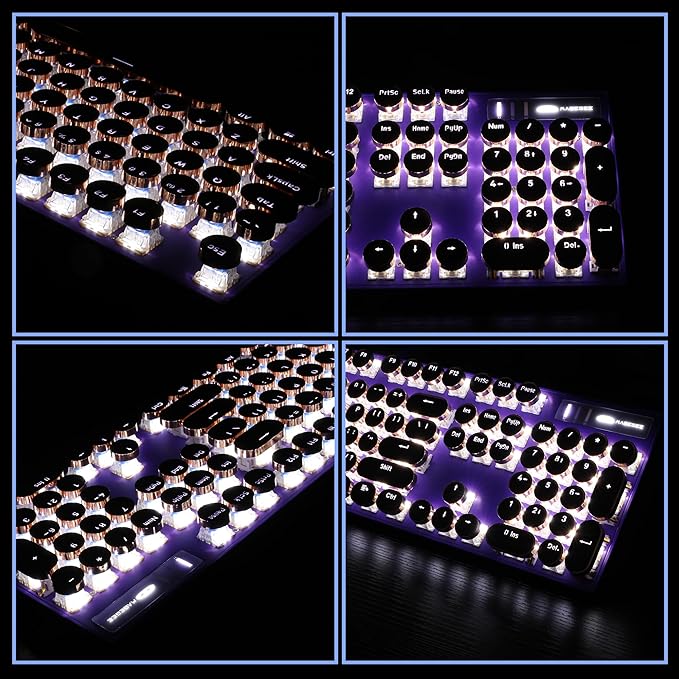 Camiysn Typewriter Style Mechanical Gaming Keyboard, Purple Retro Punk Gaming Keyboard with White Backlit, 104 Keys Blue Switch Wired Cute Keyboards, Round Keycaps for Windows/Mac/PC - Image 4