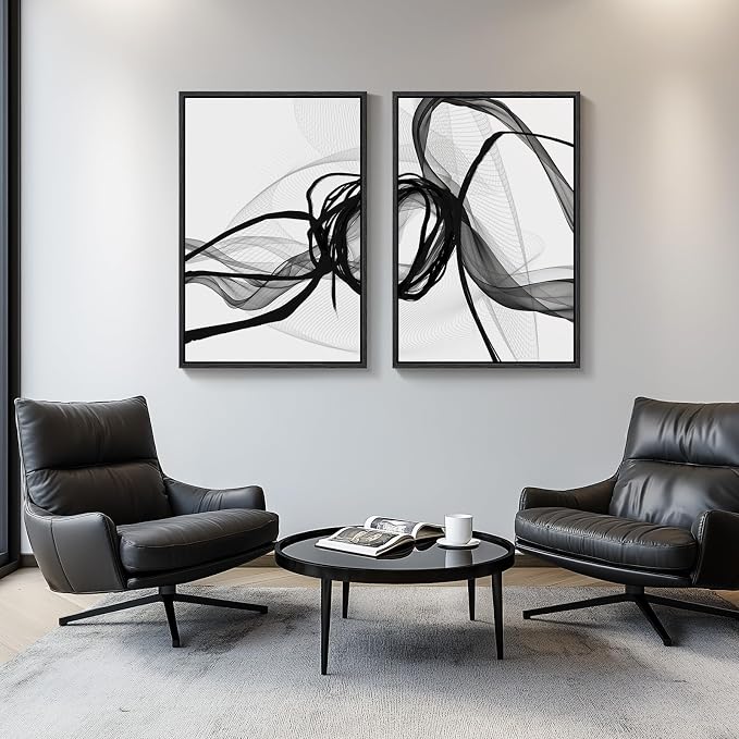 Large Framed Black and White Abstract Wall Art for Living Room, Set of 2 Modern Canvas Prints Paintings Artwork for Walls, Minimalist Lines Pictures for Dining Room Bedroom Office Wall Decor 24x36 In - Image 8