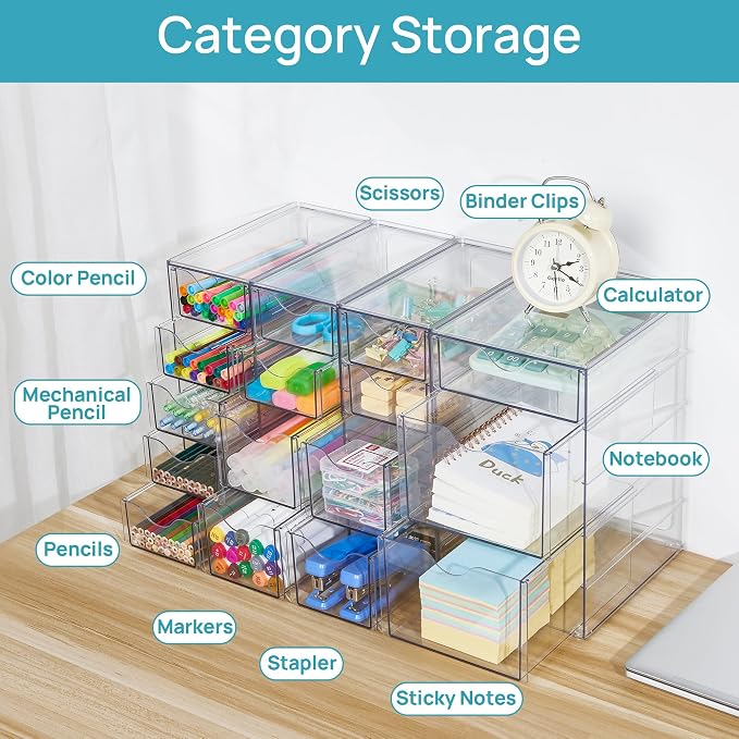 Vtopmart 4 Set Acrylic Desk Organizer with 16 Drawers for Office, Makeup | Clear Storage Drawers for Office Supplies, Desktop Organization for Makeup, Jewelry, Art Crafts, Bead, Pen, Stationary - Image 4