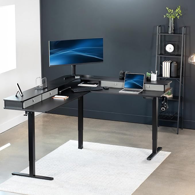 VIVO Black 75 x 63 in Corner Standing Desk, DESK-E3CVB-75 | Electric, 2-Tier, L-Shaped, Sit Stand, Height Adjustable, Memory, Black Top, Black Frame, Light Gray Drawers - Image 2