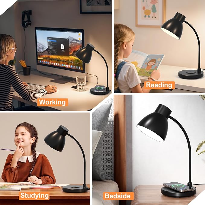 LED Desk Lamp for Home Office with Wireless Charger, Matte Black | 3 Color Modes Dimmable Eye-Caring Study Reading Dorm Desk Lamp, 360° Flexible Arm Table Lamp for College Dorm Room, 800 Lumen - Image 6