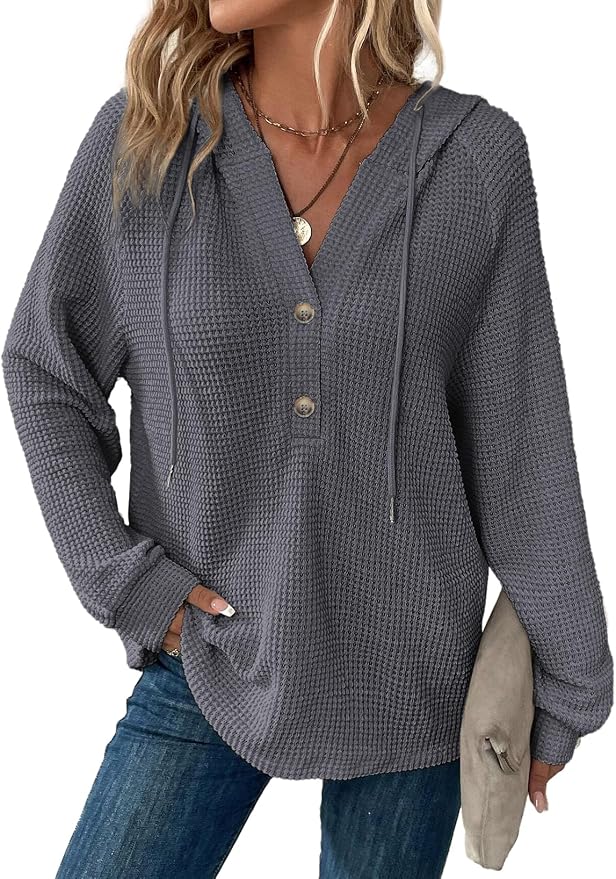 Dokotoo Hoodies for Women Waffle Knit Long Sleeve Drawstring Button V Neck Casual Sweatshirt Hooded Tops Fashion Clothing by Dokotoo