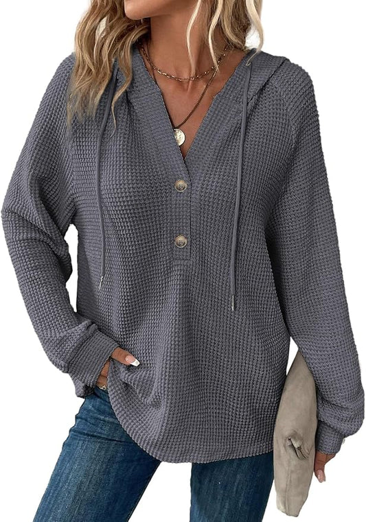 Dokotoo Hoodies for Women Waffle Knit Long Sleeve Drawstring Button V Neck Casual Sweatshirt Hooded Tops Fashion Clothing by Dokotoo