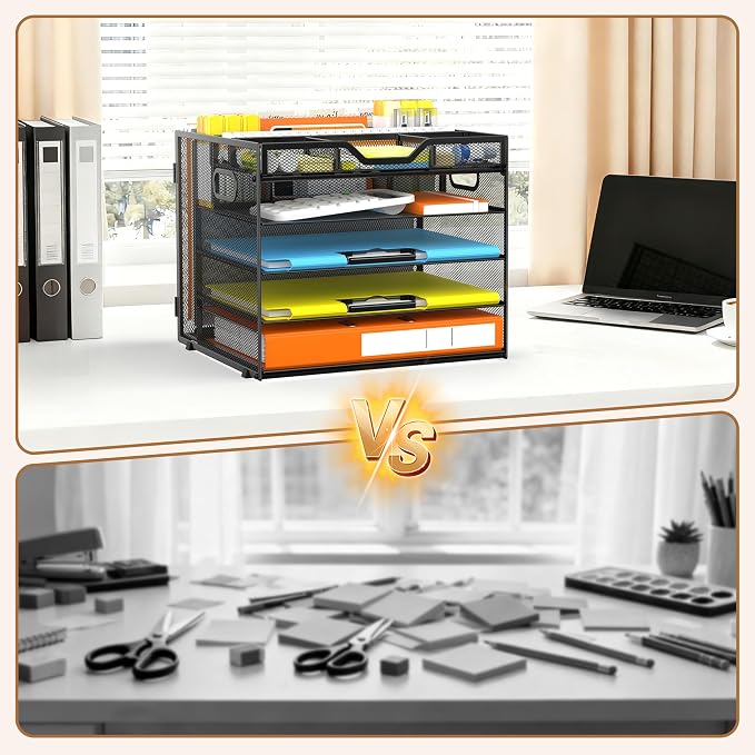 Docnest 5 Tier Desk Organizer with Hanging File Folder Holder&Tray, Black | Features 3 detachable pen holders and 4 removable dividers.Versatile mesh desktop storage for mail, document,office supplie - Image 5