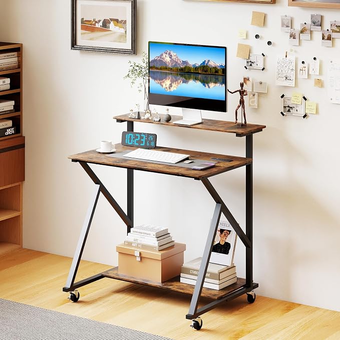 Giantex Rolling Small Desk with Storage, Compact Computer Desk for Small Spaces with Charging Station, Monitor Stand, Lockable Wheels, Study Writing Desk for Home Office, Bedroom (Rustic Brown) - Image 2