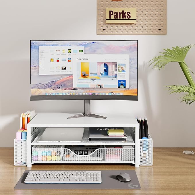 OPNICE Desk Organizers and Accessories, 2-Tier Computer Monitor Stand Riser with Drawer and 2 Pen Holders, Laptop Stand, Office Desk Accessories for Office Supplies, White - Image 2