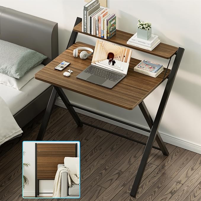 GreenForest Folding Desk No Assembly, Sturdy Computer Desk for Small Spaces | Portable Foldable Table for Laptop, 2-Tier Compact with Shelf, Space Saving for Home Office, Dorm, Apartment, 24"x 30" Walnut - Image 8