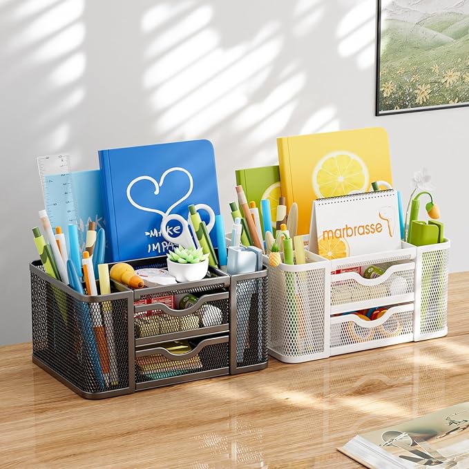 Marbrasse Mesh Desk Organizer, Pen Organizer with 2 Drawer, Multi-Functional Pencil Holder, Desk Organizers and Accessories with 5 Compartments + Drawer for Office Art Supplies (White) - Image 3