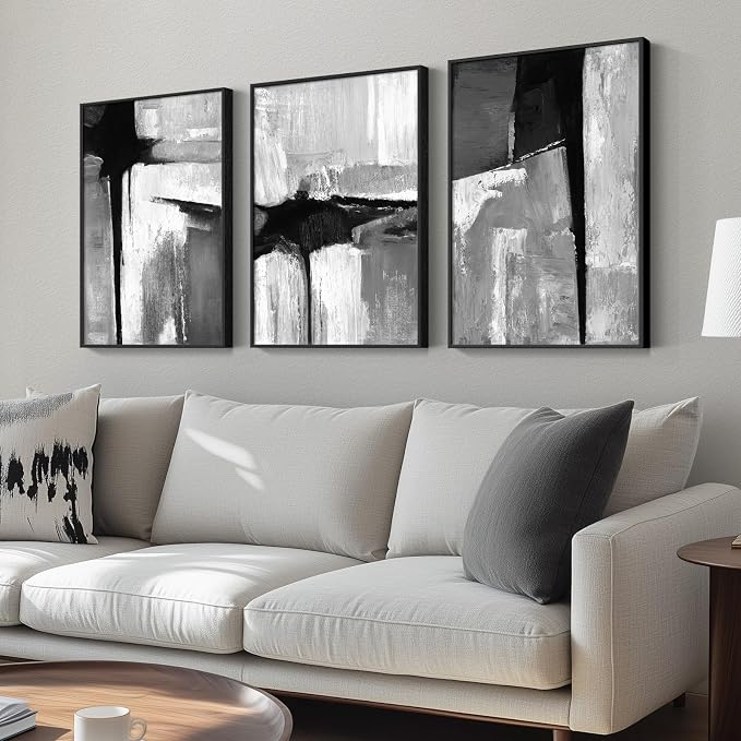 Framed Black and White Gray Modern Abstract Wall Art, Set of 3 Piece Big Canvas Paintings Artwork for Walls, Minimalist Art Prints Pictures for Living Room Hallway Bedroom Office Wall Decor 16x24 Inch - Image 2