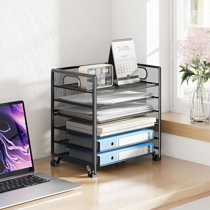 Simple Trending 6-Tier Paper Tray Organizer, File Organizer for Desk, Black | Letter Tray Holder with Handle. Sturdy Metal Frame. Non-slip Feet. Black for Office Home School. 13.35"L x 9.35"W x 15.6"H - Image 5