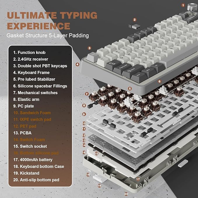 YUNZII B75 PRO 75% Wireless Mechanical Keyboard (Grey, Cocoa Cream V2) | Hot Swap Keyboard with Knob, Gasket Mount, Creamy Pre-lubed Switch for Smooth Typing, BT/USB-C/2.4G, for Gaming - Image 4