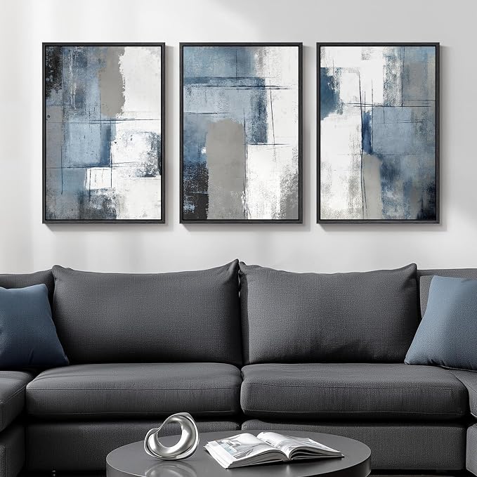 Framed Blue and Grey Abstract Wall Art, 3 Piece Modern Canvas Prints Paintings Artwork for Walls, Minimalist Abstract Block Pictures for Living Room Dining Room Lounge Bedroom Wall Decor 16x24 In - Image 2