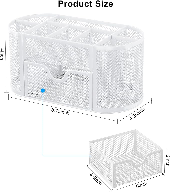 EasyPAG Mesh Pen Holder Desk Organizer with Drawer Stationery Supplies Organizer for Dorm School 9 Compartments Workspace Desk Accessories Organization for Office, White - Image 8