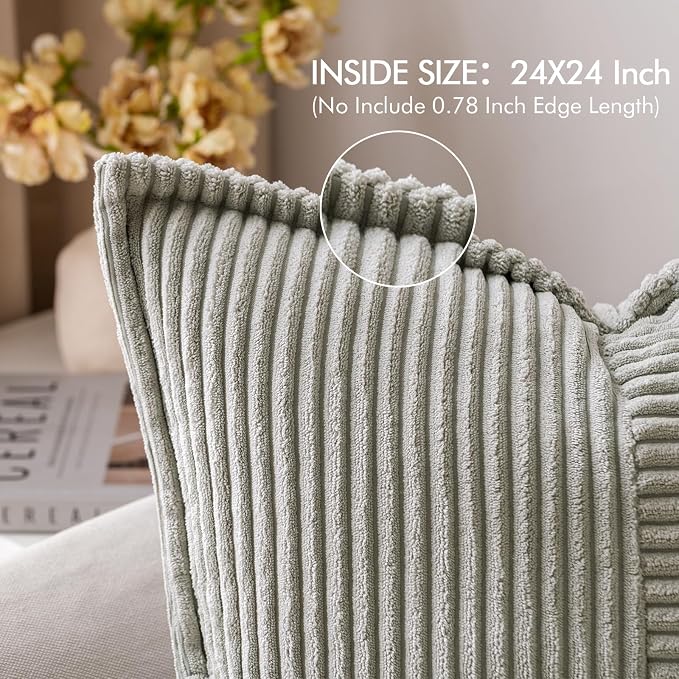 MIULEE Light Grey Corduroy Decorative Euro Sham Pillow Covers 24x24 Inch with Splicing Set of 2 Soft Boho Pillow Covers Broadside Textured Pillowcases for Couch Bed Livingroom - Image 2