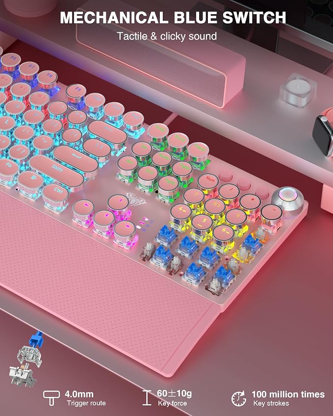 AULA F2088 Typewriter Mechanical Keyboard, Pink Retro Wired Gaming Keyboard with Blue Switches, Rainbow Backlit, Round Keycaps, Media Knob & Removable Wrist Rest - Image 3