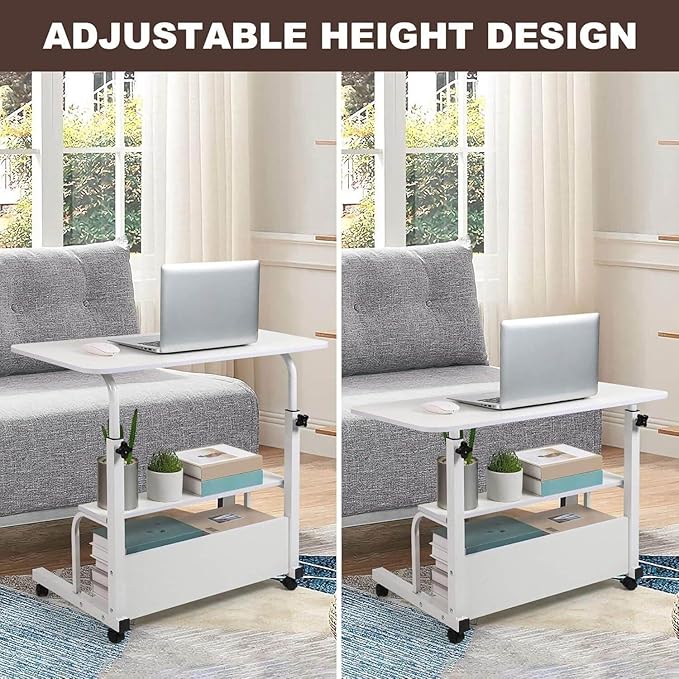 Adjustable Height Mobile Computer Desk for Small Space Rolling Writing with Wheels Corner Home Office Study Portable Bedrooms Work Desk Standing Table Sizes 31.5X15.7 Inches White - Image 3
