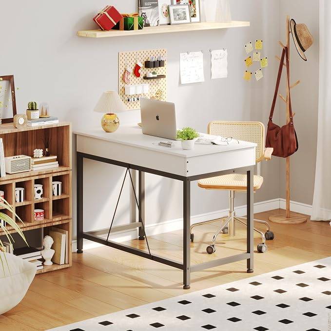 Mexin Small White Desk with 2 Wooden Drawers, 40 Inch Home Office Writing Desk, White Vanity Desk with Storage, Computer Desk for Bedroom Small Spaces, Table for Office, Work, Kids Study, Makeup - Image 2