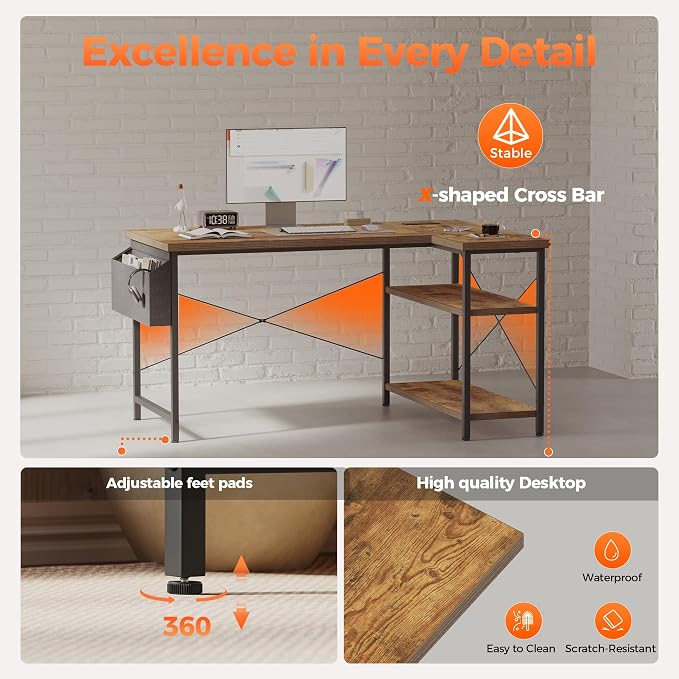 Mericonia 55 inch L Shaped Gaming Desk, Large Corner Desk with Shelves | Reversible Computer Desk with Power Outlets & Storage Bag, Office Table for Home Bedroom Study Work Writing - Image 5