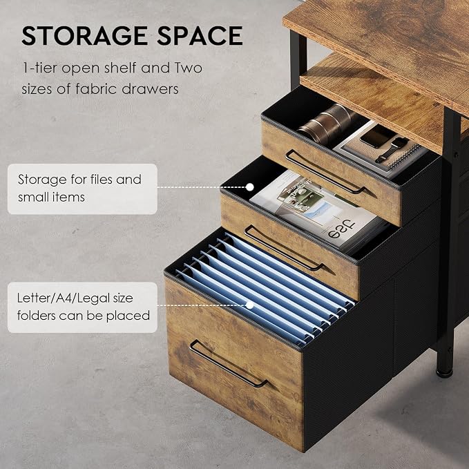 Maihail Small Desk with Drawers, Office Desk with Storage Shelves, Brown2 | 47 Inch Desktop, Metal Frame, 3 Fabric Drawers, Storage Shelves, Computer & Writing Desk, Office Gaming Workstation - Image 4