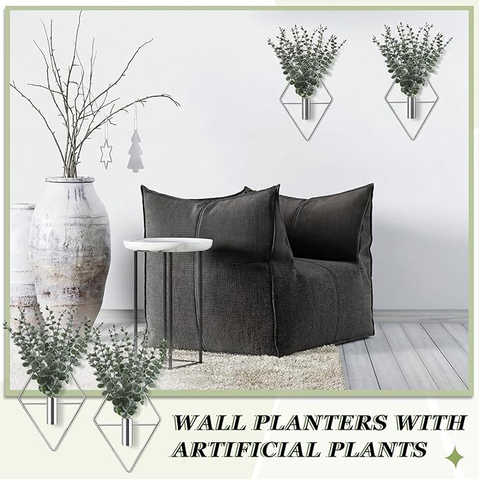 Jexine 4 Pcs Hanging Planters with Artificial Eucalyptus Metal Hanging Vase Indoor Plants Holder Modern Geometric Boho Bathroom Wall Decor for Living Room Home Office (Eucalyptus,Silver) - Image 4