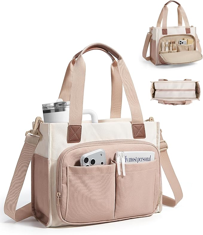 BAGSMART Small Tote Bag for Women, 13'' Laptop Canvas Work Bag with Zipper | 30oz/40oz Tumble & 11 Pockets Travel Tote, Teachers/Nurses, Lightweight Canvas or Water-Resistant Puffer Taslon Crossbody Bag by BAGSMART