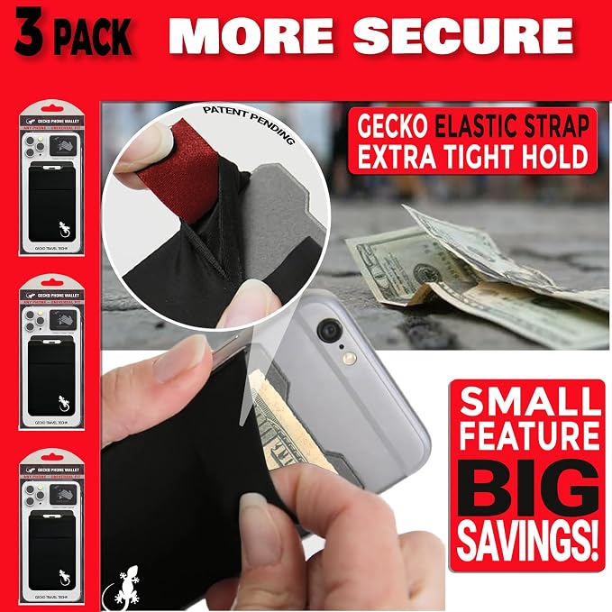Gecko Travel Tech Double Pocket - Adhesive Card Holder - Cell Phone Pouch - Stick on Spandex Pocket - Carry Credit Cards and Cash (3 PACK - BLACK WHITE) - Image 6