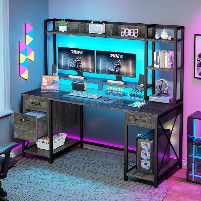 DWVO Computer Desk with Drawers & Hutch, 59.1" Office Desk with Power Outlets & LED Lights, Home Office Desk with Storage Shelves, Grey | Built-In Power Outlets, Led Lights, Hutch Shelves, Storage Drawers, for Home Office Work Study, Easy Assembly - Image 3