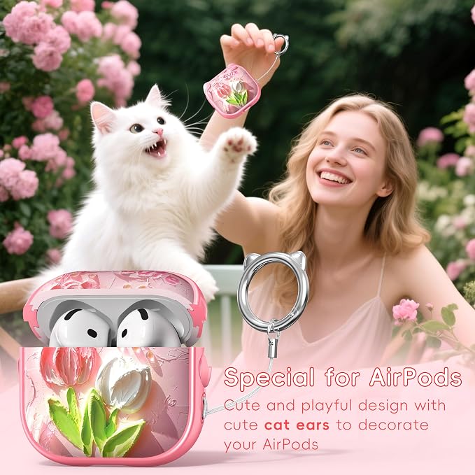 for AirPods 4 Case with Cleaning Kit, Cute Cat Ear Print Design & Cute Buckle, Inverted Phone Holder Design, Top Safe Lock Buckle Design, for Girls AirPods 4 case 2024, Tulip - Image 3
